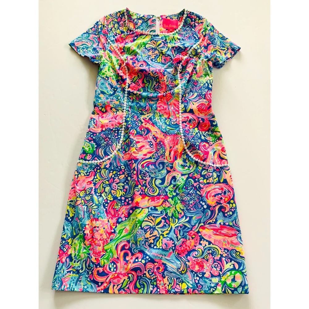 NWOT Lilly Pulitzer Coralynn Pop Up 60 Animals Stretch Shift Dress 2 Lace Pocket